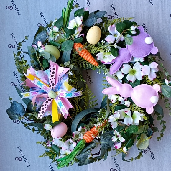 Easter Wreath with Bunnies Eggs Carrots Flowers and Greenery - Picture 6 of 8